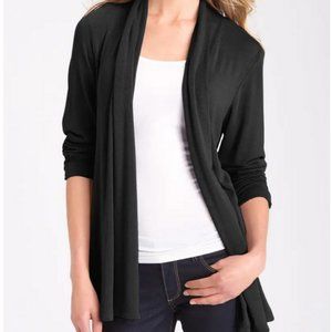 Black open front cardigan with ruched 3/4 sleeve